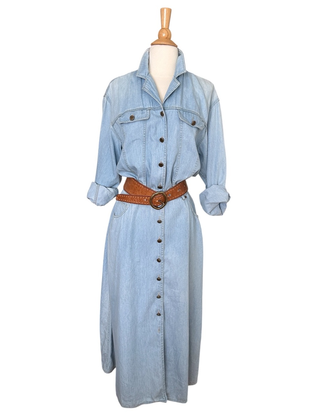 Vintage 90s Lizwear Denim Maxi Shirtdress Size 12P Light Wash Western Cowgirl - Picture 2 of 15